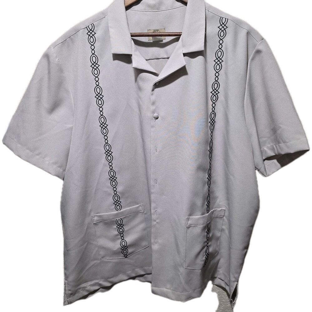 Haband Guaybera Shirt XL Embroidered Gray Taupe Covered Buttons Cuban Wedding